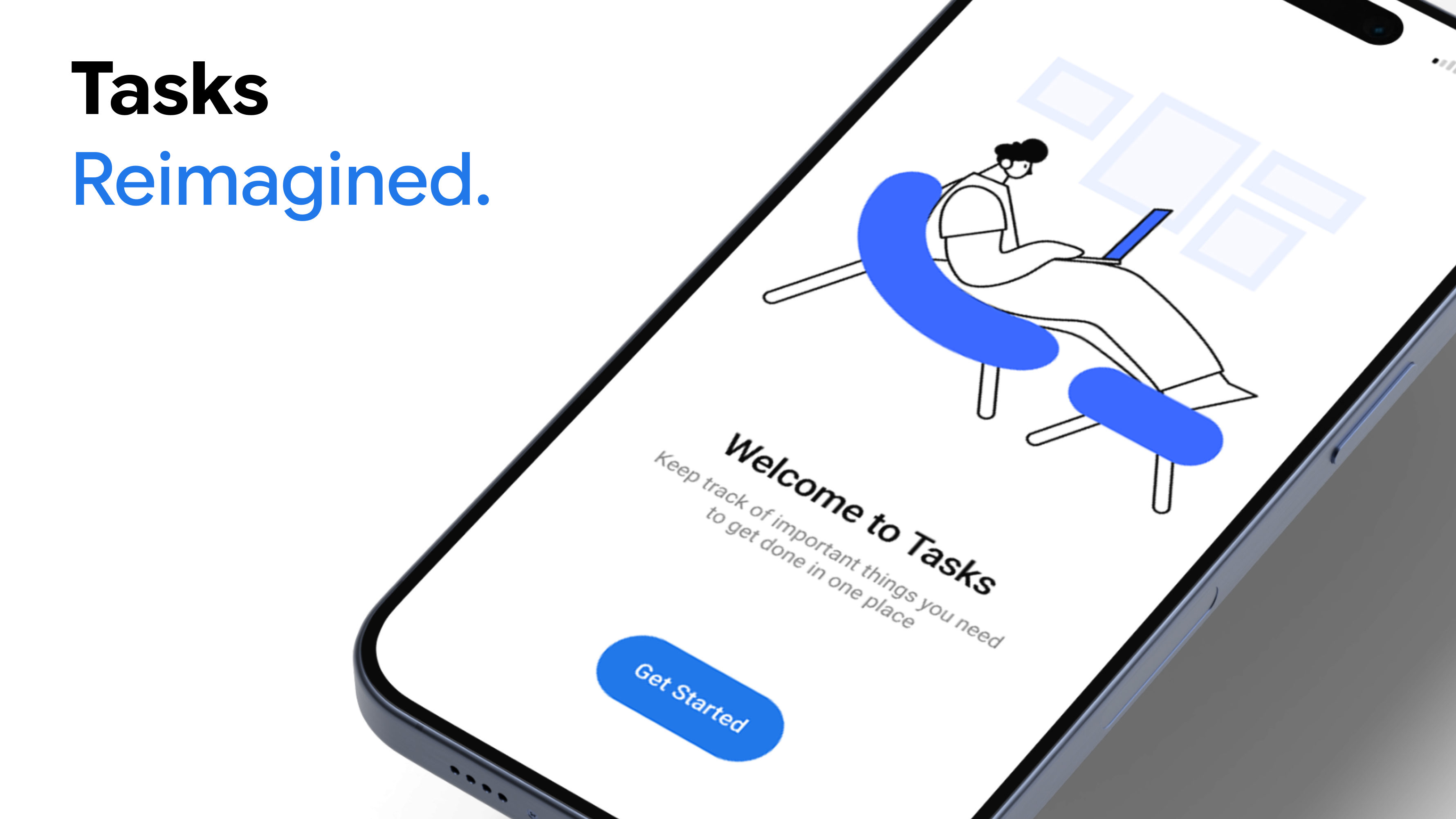 Tasks Reimagined — angled smartphone mockup showing a task app welcome screen with a blue Get Started button