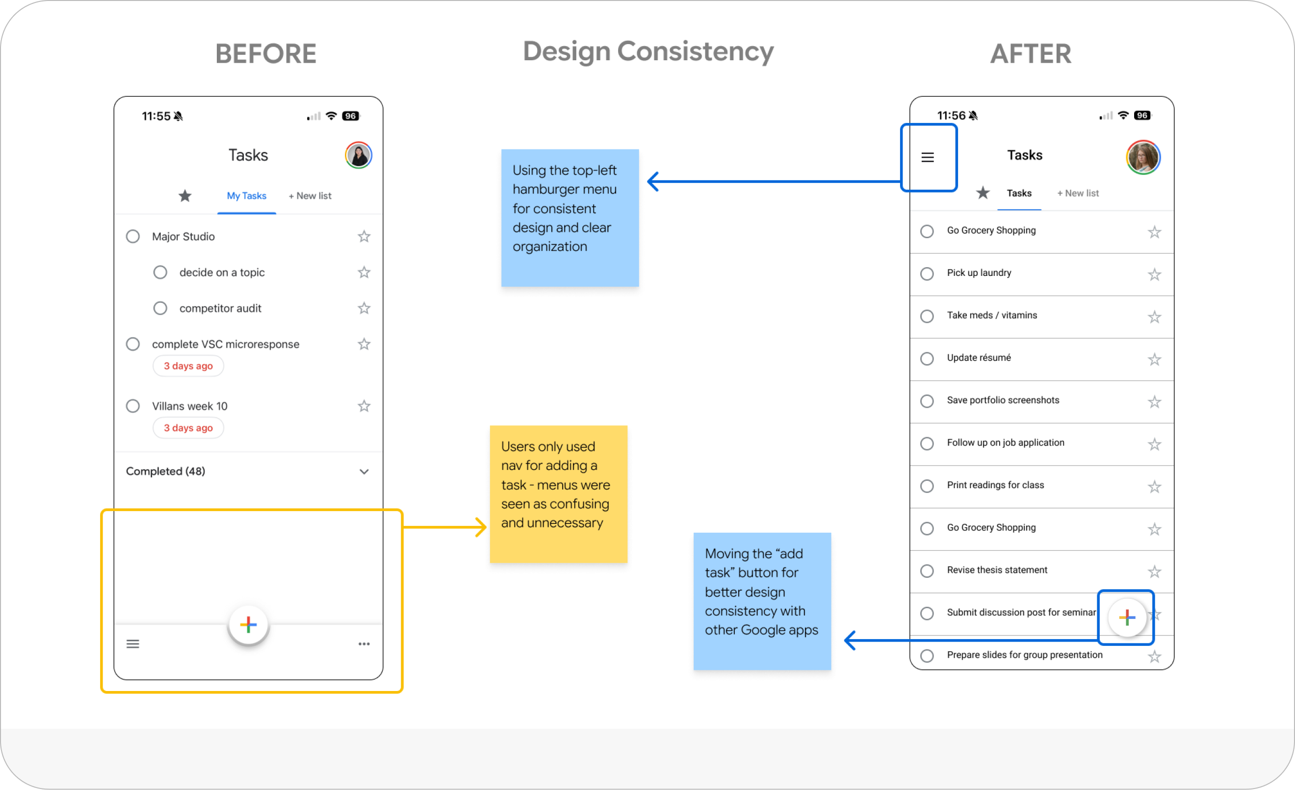 Design consistency, before and after — navigation and the add button move to match the Google app family