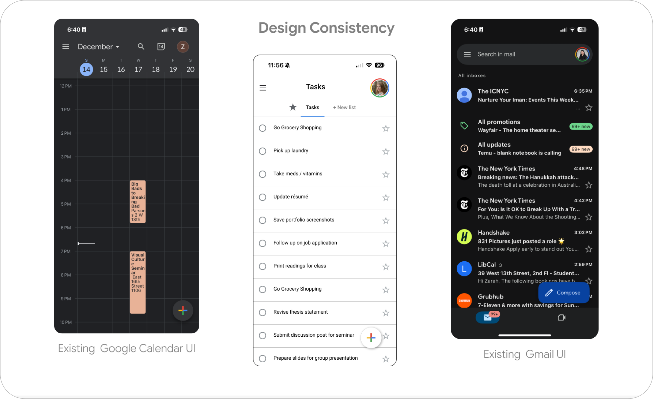 Design consistency — the existing Google Calendar and Gmail UI beside the redesigned Tasks