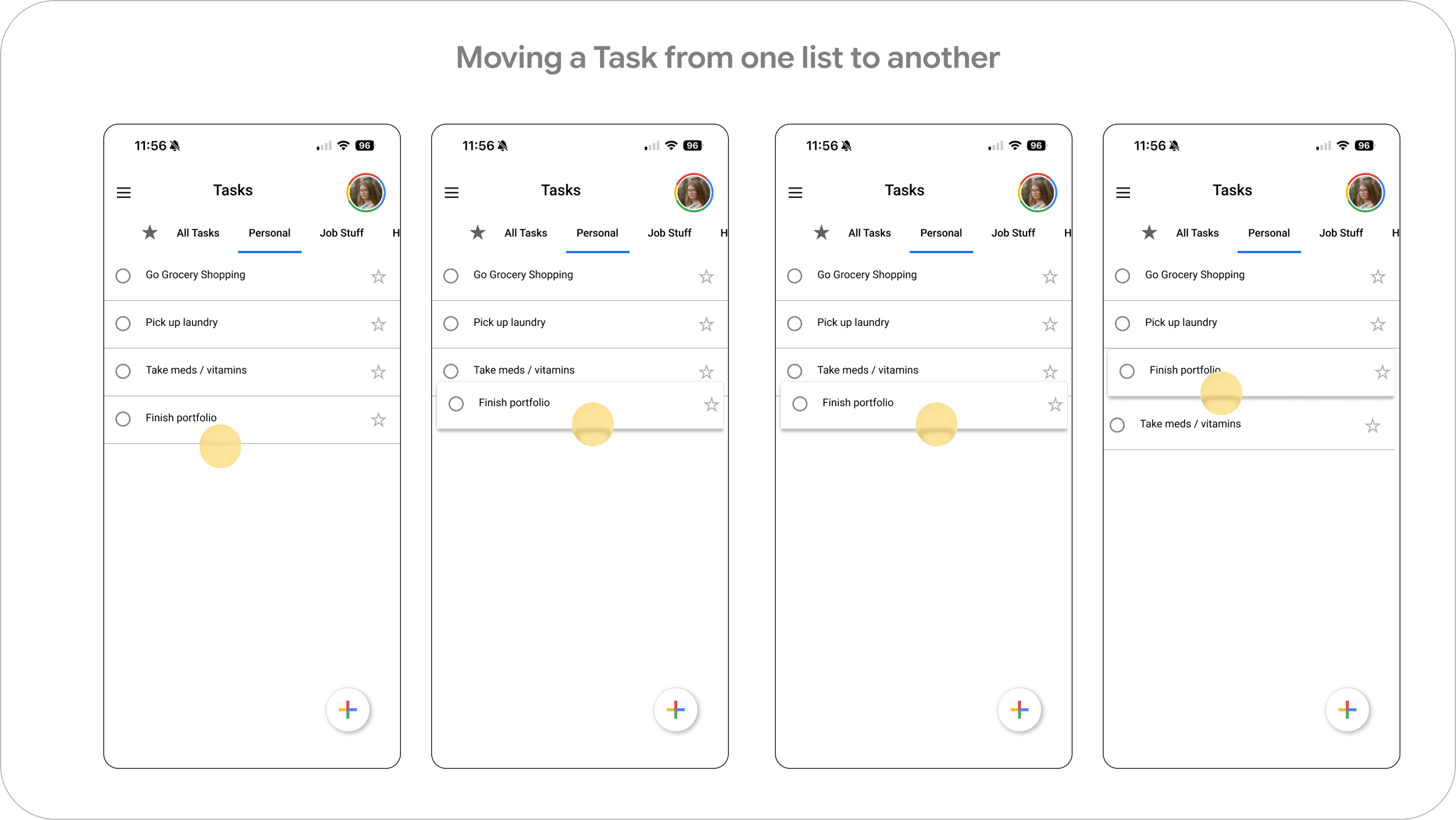 Moving a task from one list to another, frame by frame
