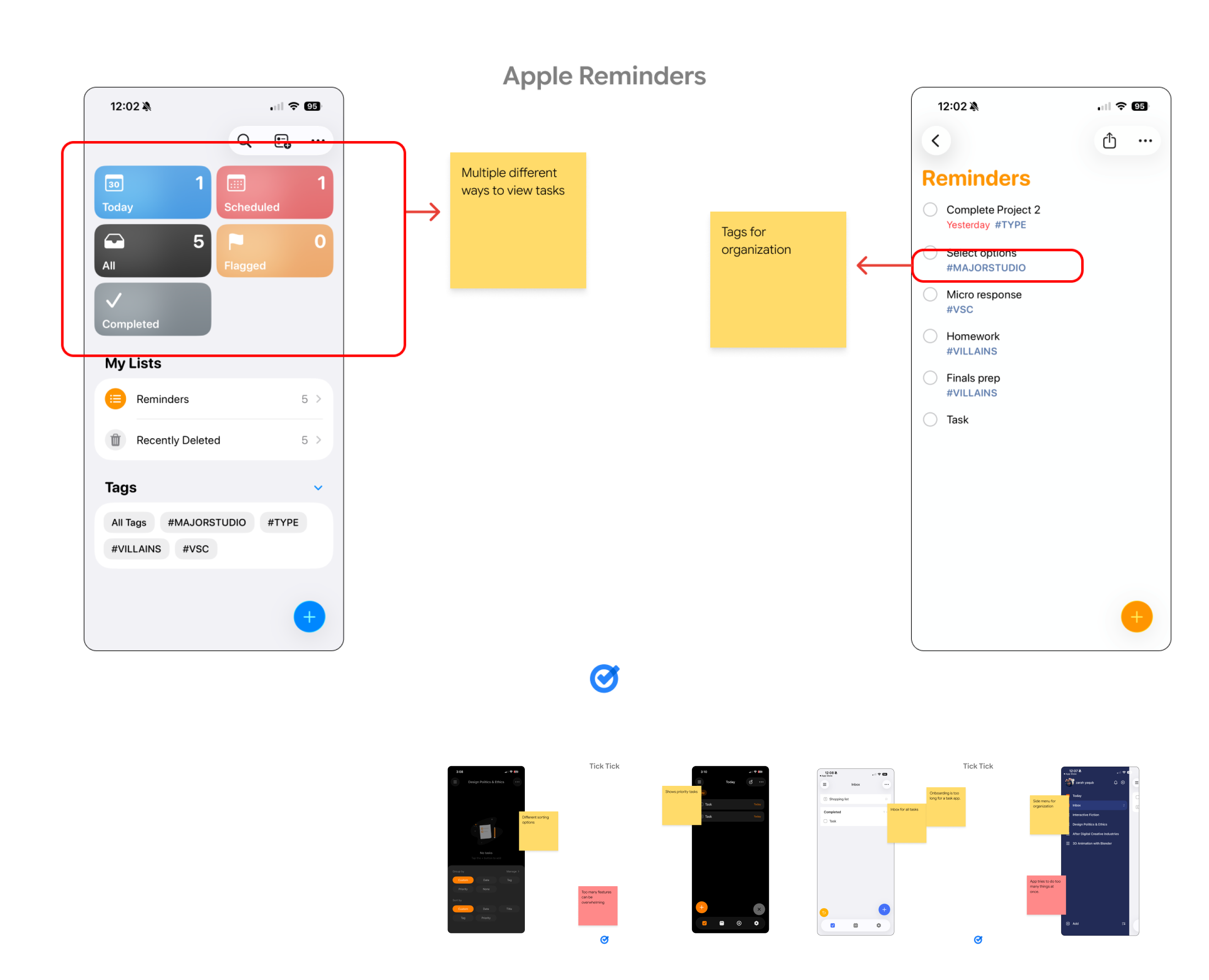 Competitor audit — annotated teardowns of Apple Reminders and TickTick