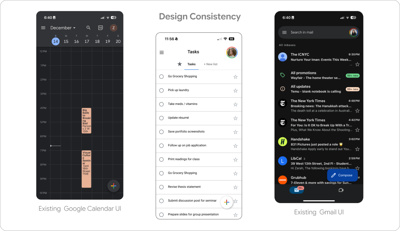 The existing Google Calendar and Gmail UI beside the redesigned Tasks