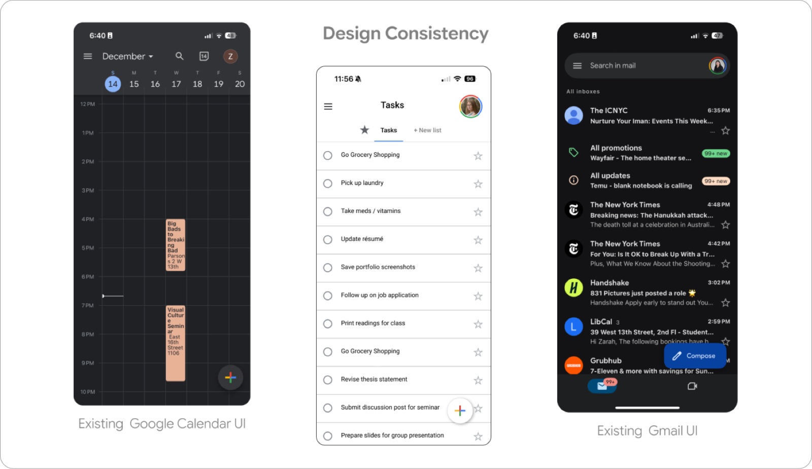 The existing Google Calendar and Gmail UI beside the redesigned Tasks