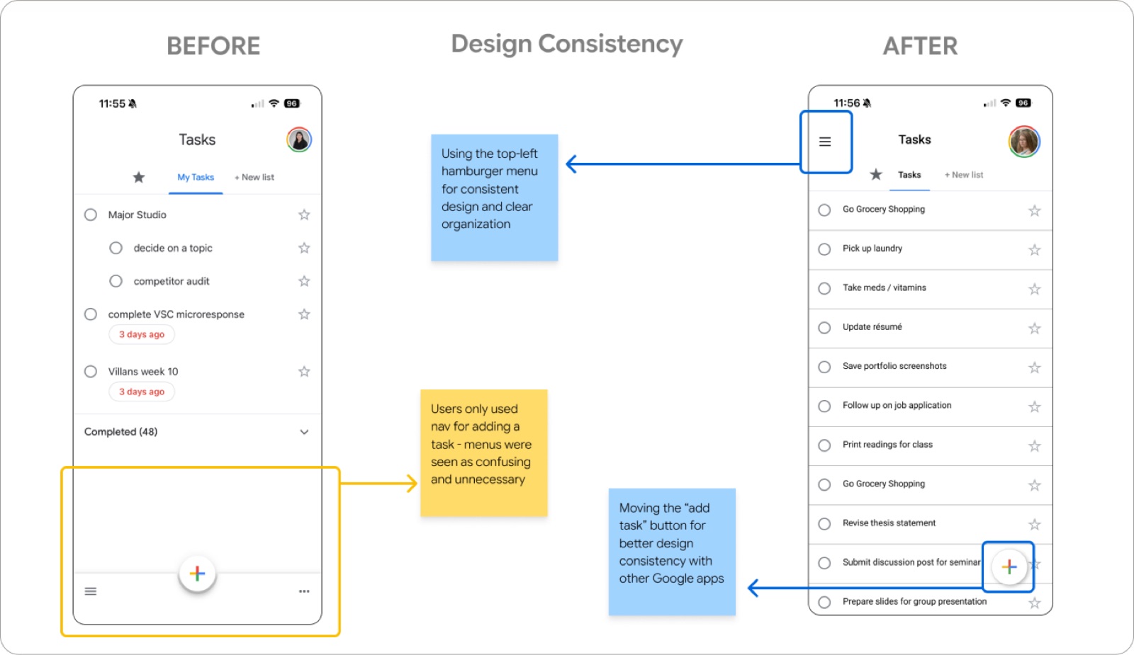 Design consistency: navigation moves to the top-left and the add button to the bottom-right