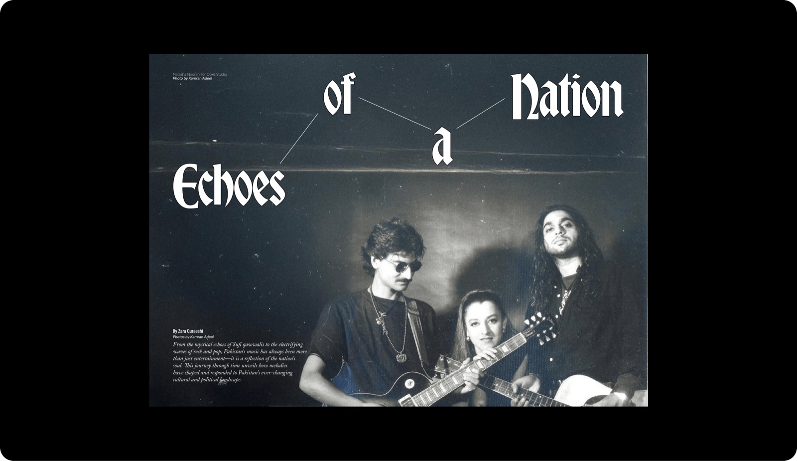 “Echoes of a Nation” feature spread with a full-bleed band portrait