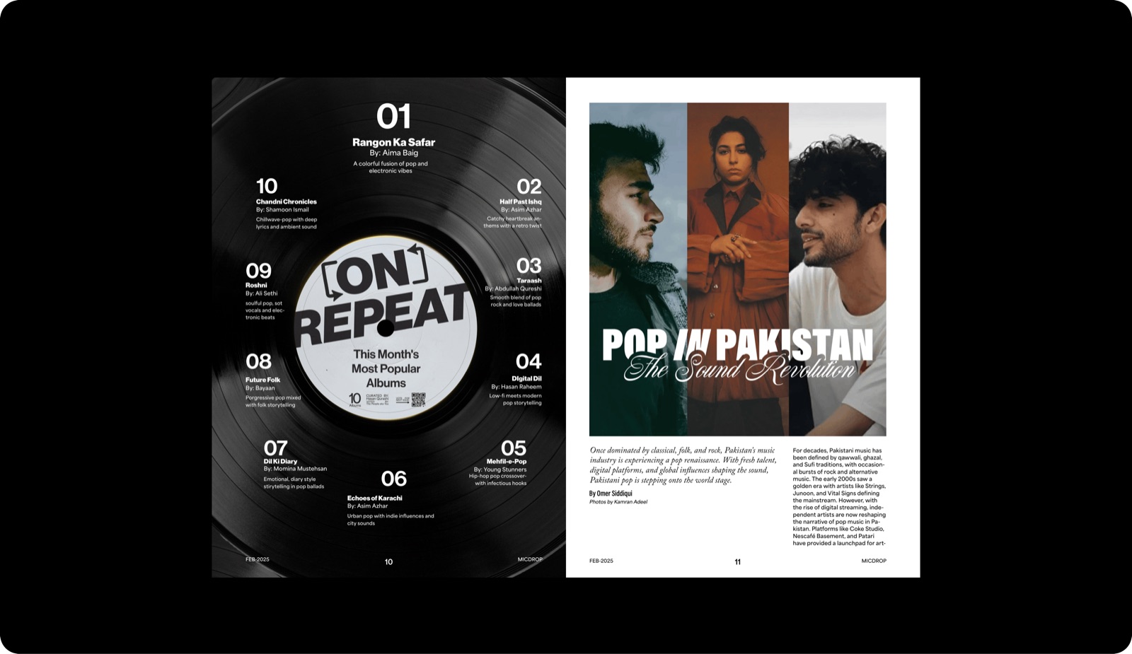 “On Repeat” chart spread facing the “Pop in Pakistan” feature